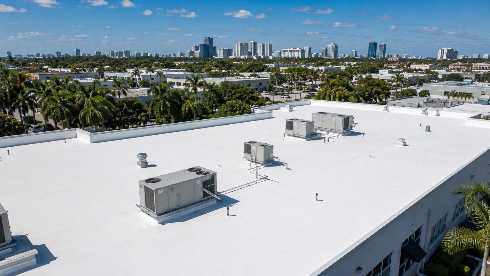 Flat TPO commercial roof on a South Florida building under a bright sky