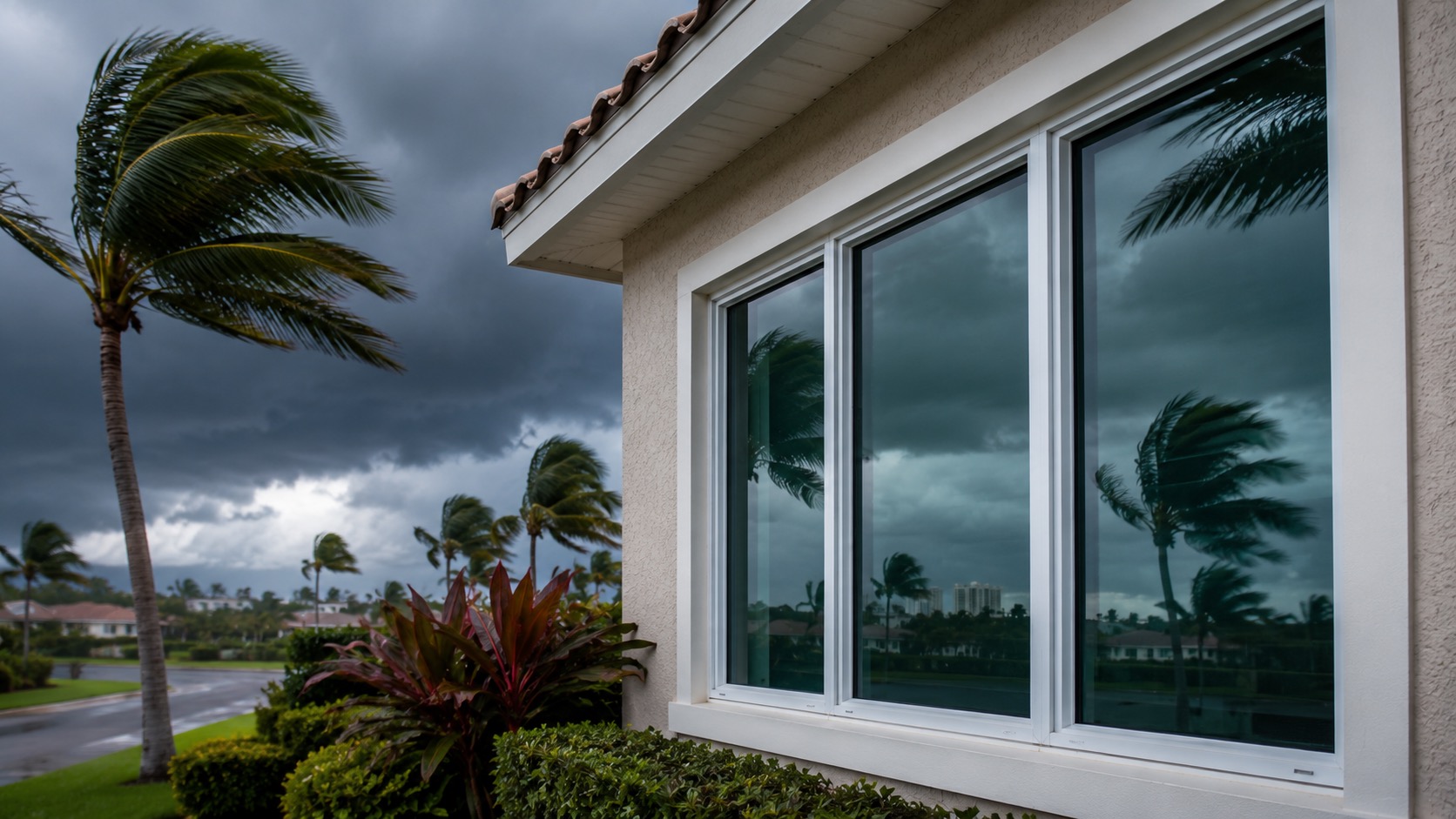 Impact-rated window on a South Florida home with palm trees bending in the wind
