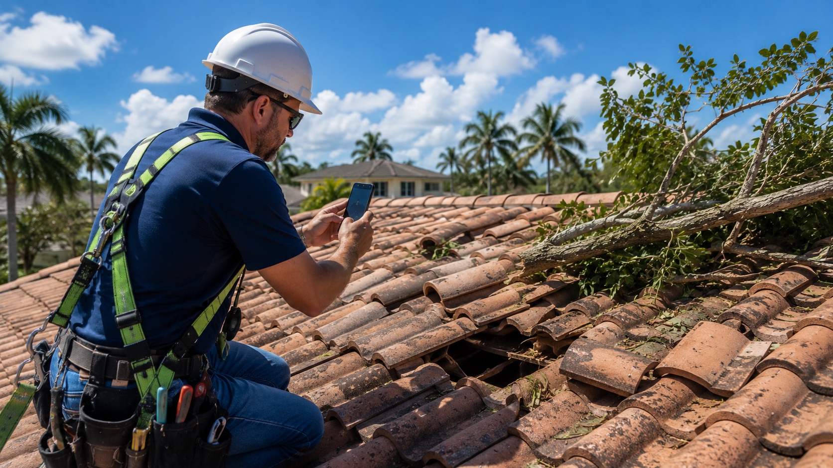 Roofer photographing storm damage on a South Florida roof for an insurance claim