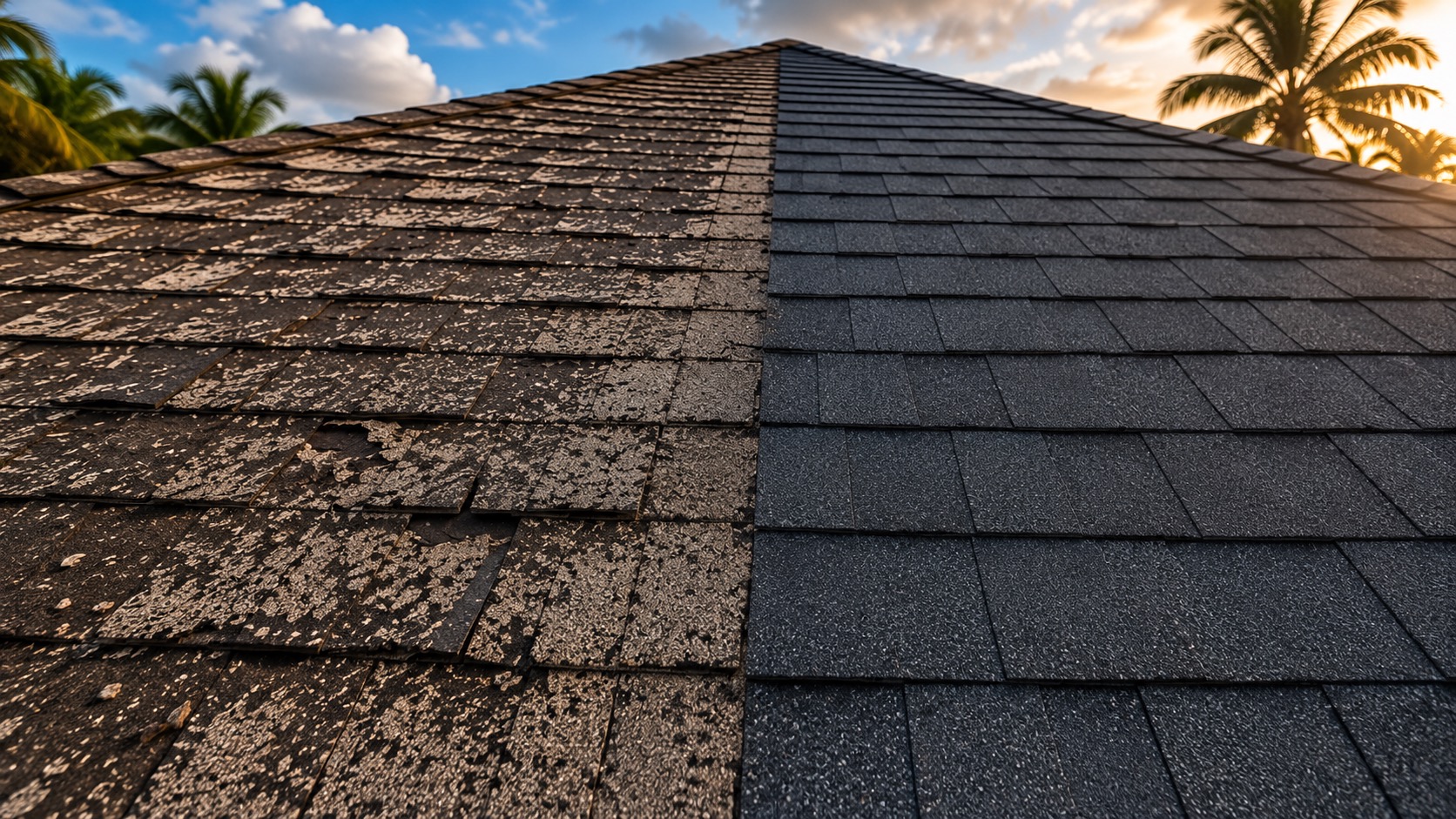 Close-up of a weathered South Florida roof with cracked tiles and worn shingles