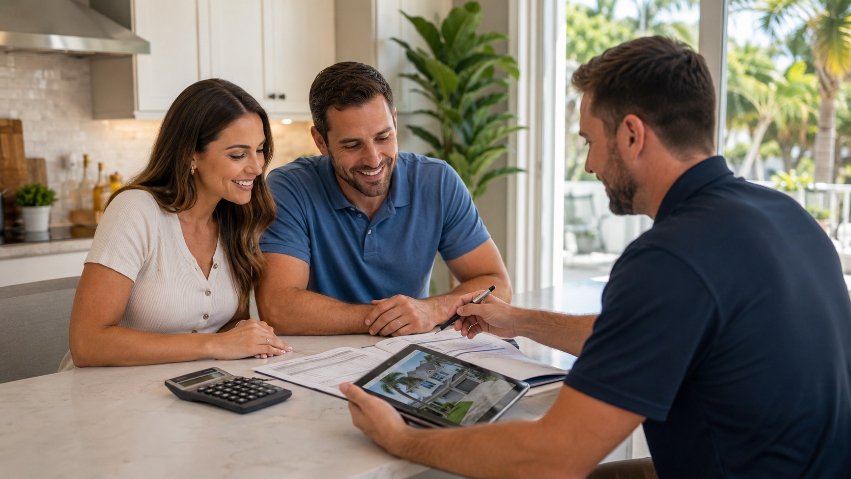 Miami homeowner reviewing roof financing paperwork at a kitchen table