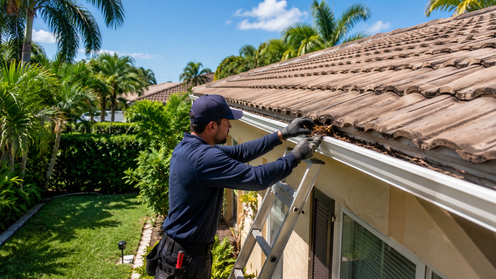 Roofer cleaning debris from a gutter on a South Florida home