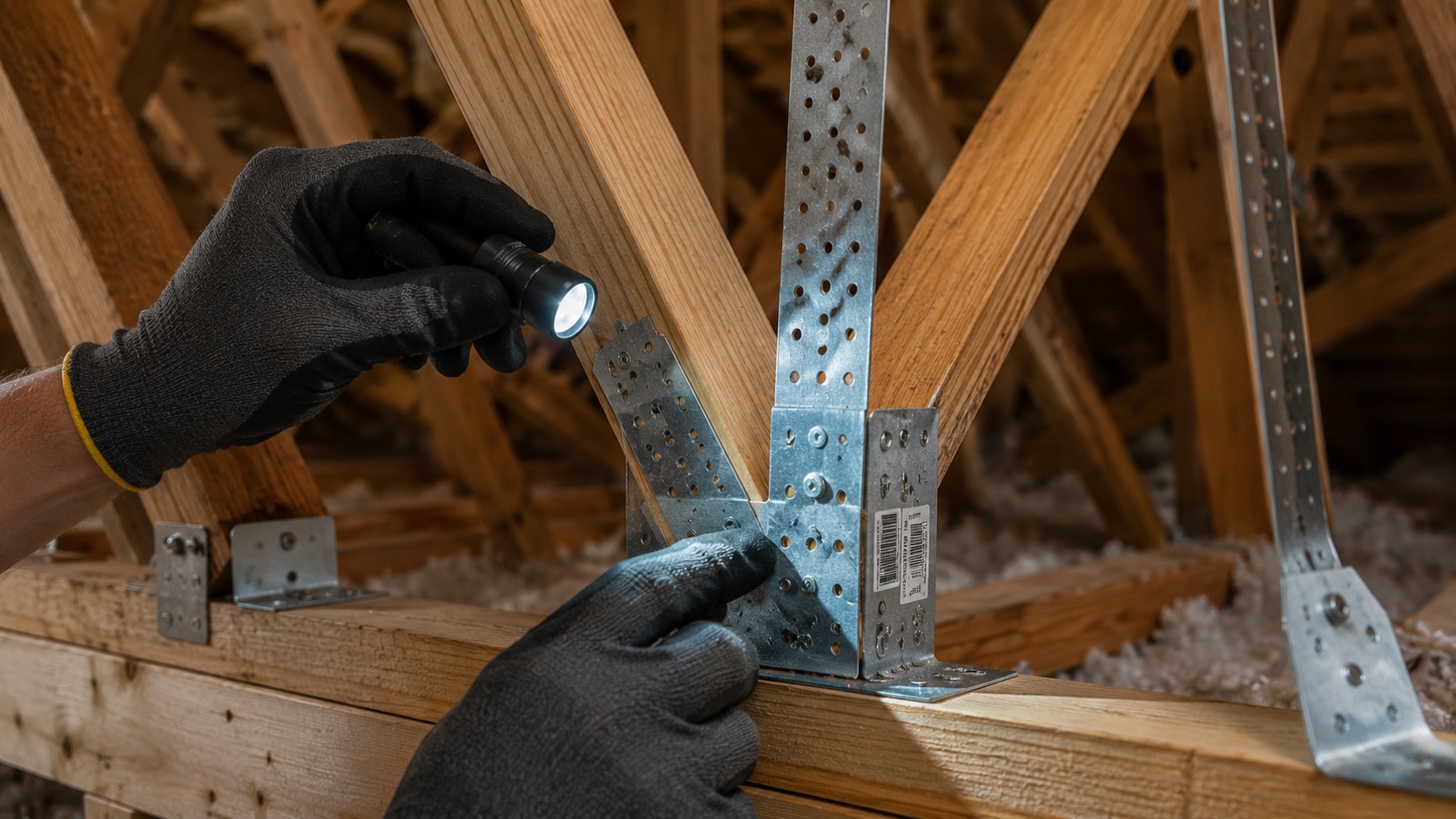 Inspector checking roof-to-wall hurricane straps during a wind mitigation inspection