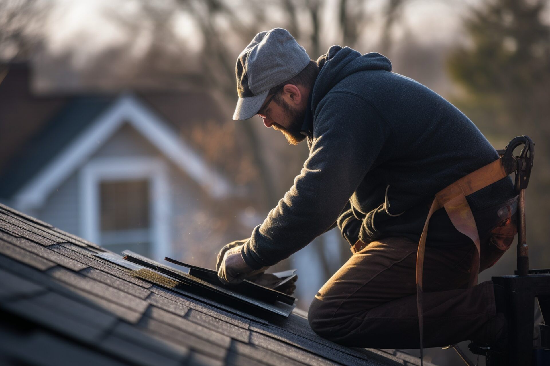 Techador instalando shingles al amanecer en Miami