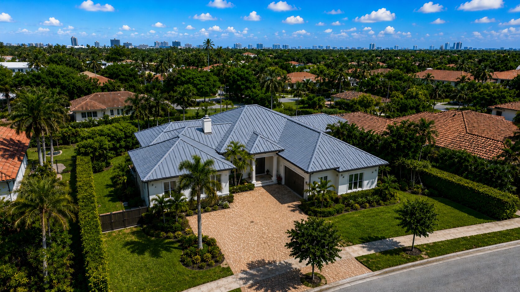 Aerial view of a standing-seam metal roof installed by Art's Roofing in Miami