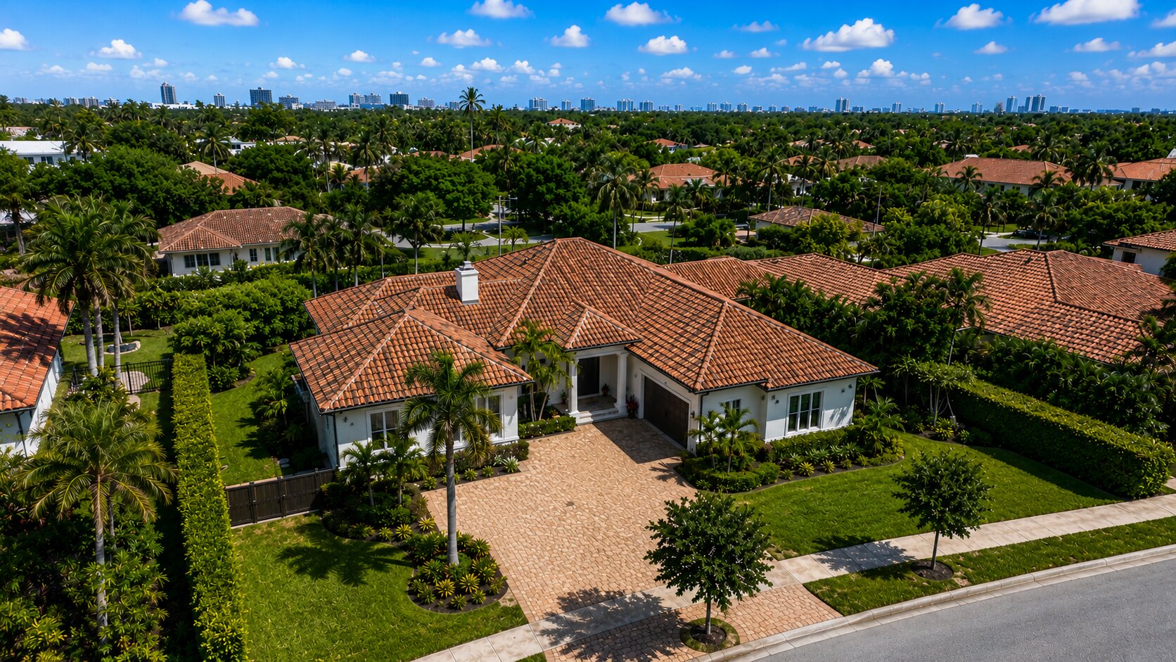 Aerial view of a tile roof installed by Art's Roofing in Coral Gables