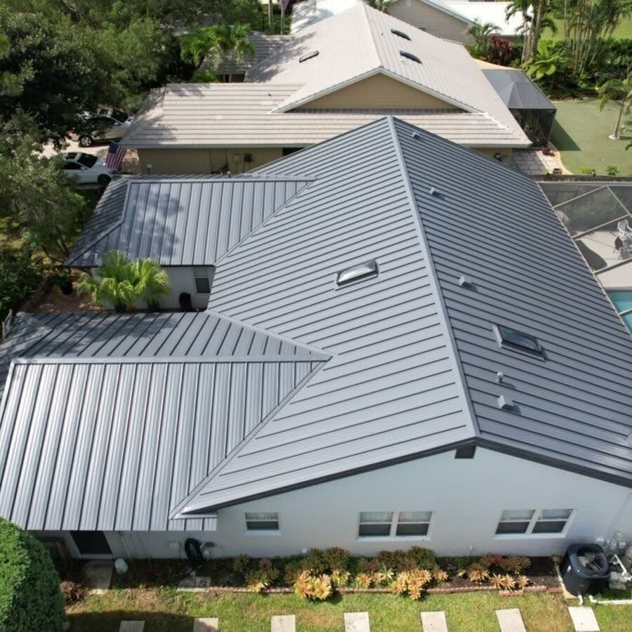 Aerial view of a charcoal grey standing-seam metal roof in Jupiter